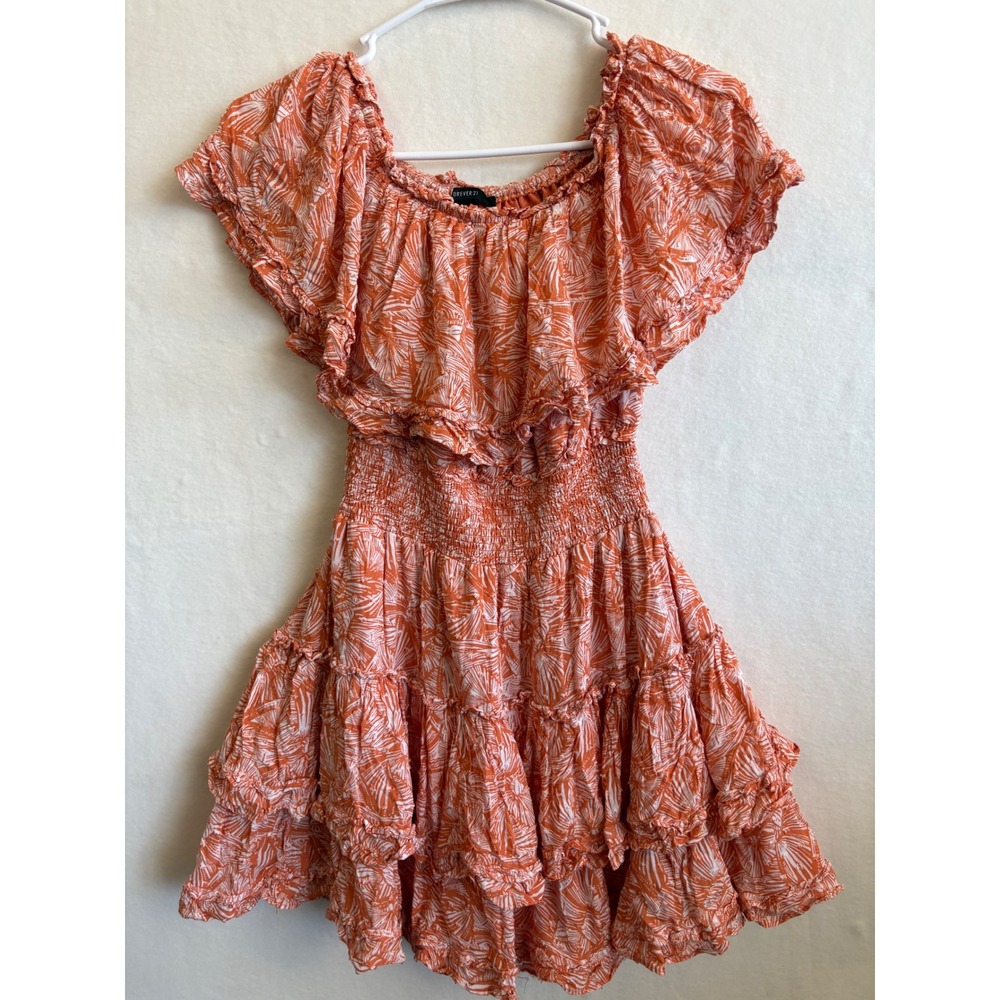 Forever 21 Orange White Palm Print Smocked Ruffle Off Shoulder Mini Dress Small